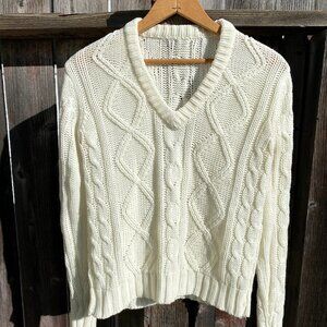 Vintage 1990s Cable Knit Cream V Neck Knit Sweater XS